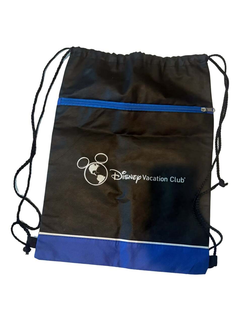 Disney Vacation Club DVC Black and Blue Drawstring Cinch Backpack with Zip Pocke